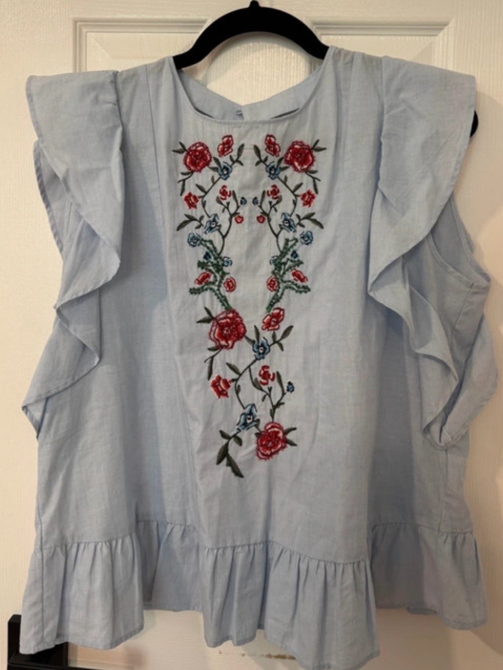 Zara Light Blue Embroidered Floral Ruffle Blouse
